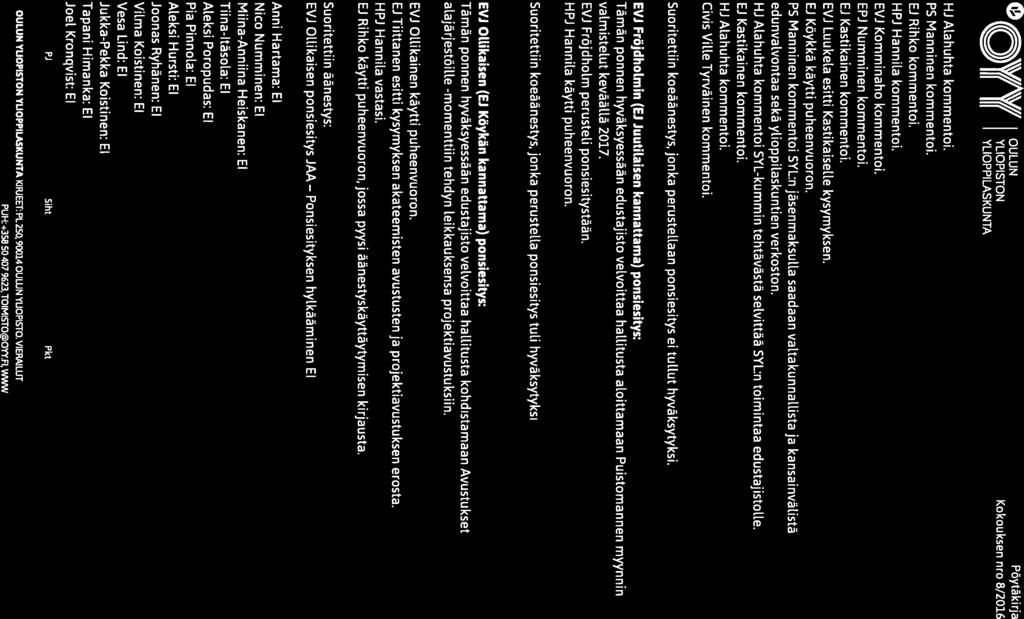 Ponsiesityksen O,V/AIii OULUN I I YLIOPPILASKUNTA Pöytäki rja J(( Jt ( YLIOPISTON Kokouksen nro 8/2016 HJ Alahuhta kommentoi. PS Manninen kommentoi. EJ Rihko kommentoi. HPJ Hannila kommentoi.