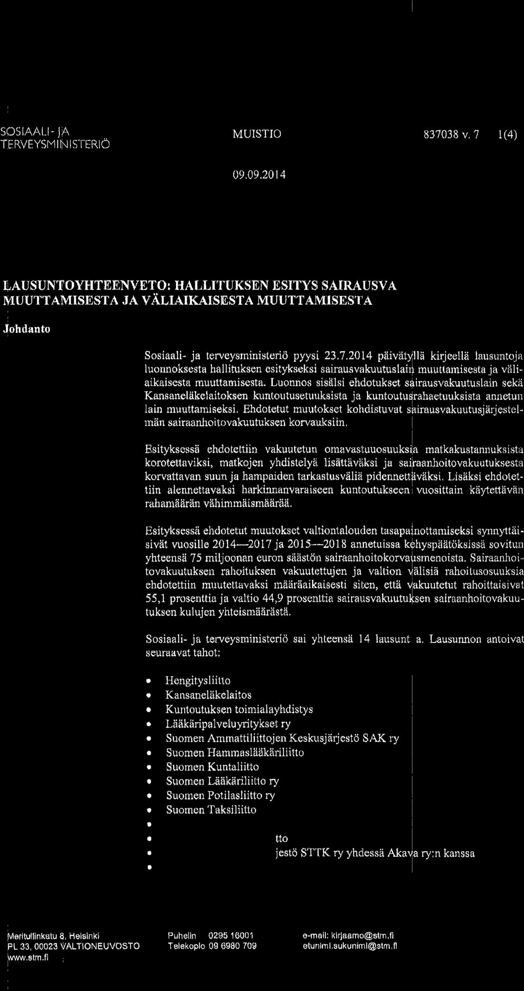 Lrrt e f sosraat.r" la TFRV[:YSMlNISTERIO MUISTIO 837038 v,? l(4) 09.09,2414 IIAUSUNT OYHTEENVETO T HAI,LITUKSEN II SITYS SAIRAUSVA MUUTTAMISESTA JA VALIAIKAISESTA MUUTTA]VIISEST A.