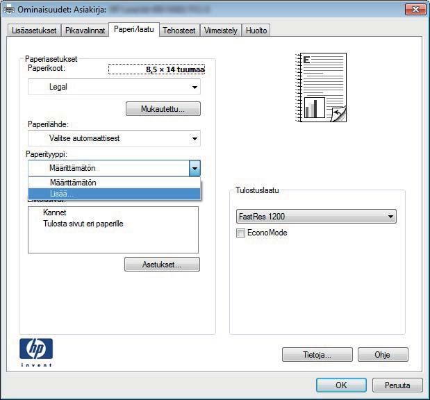 Paperityypin valitseminen (Windows) 1. Valitse ohjelmistossa Tulosta. 2. Valitse laite ja paina Ominaisuudet- tai Määrityksetpainiketta.