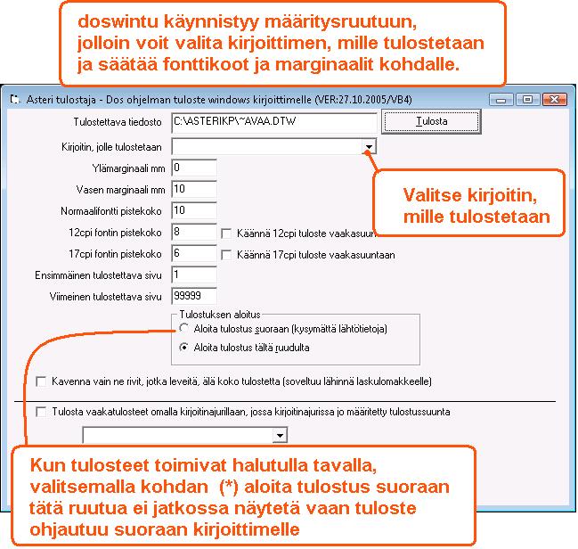 Ota tuloste Asteri ohjelmasta Valitse kirjoitin, jolle tulostetaan ja napsauta [Tulosta]. Pienennä tarvittaessa vasenta marginaalia ja fonttikokoja.