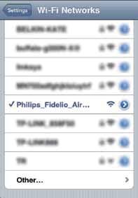 2 Valitse valittavissa olevien verkkojen luettelosta Philips Fidelio AirPlay.