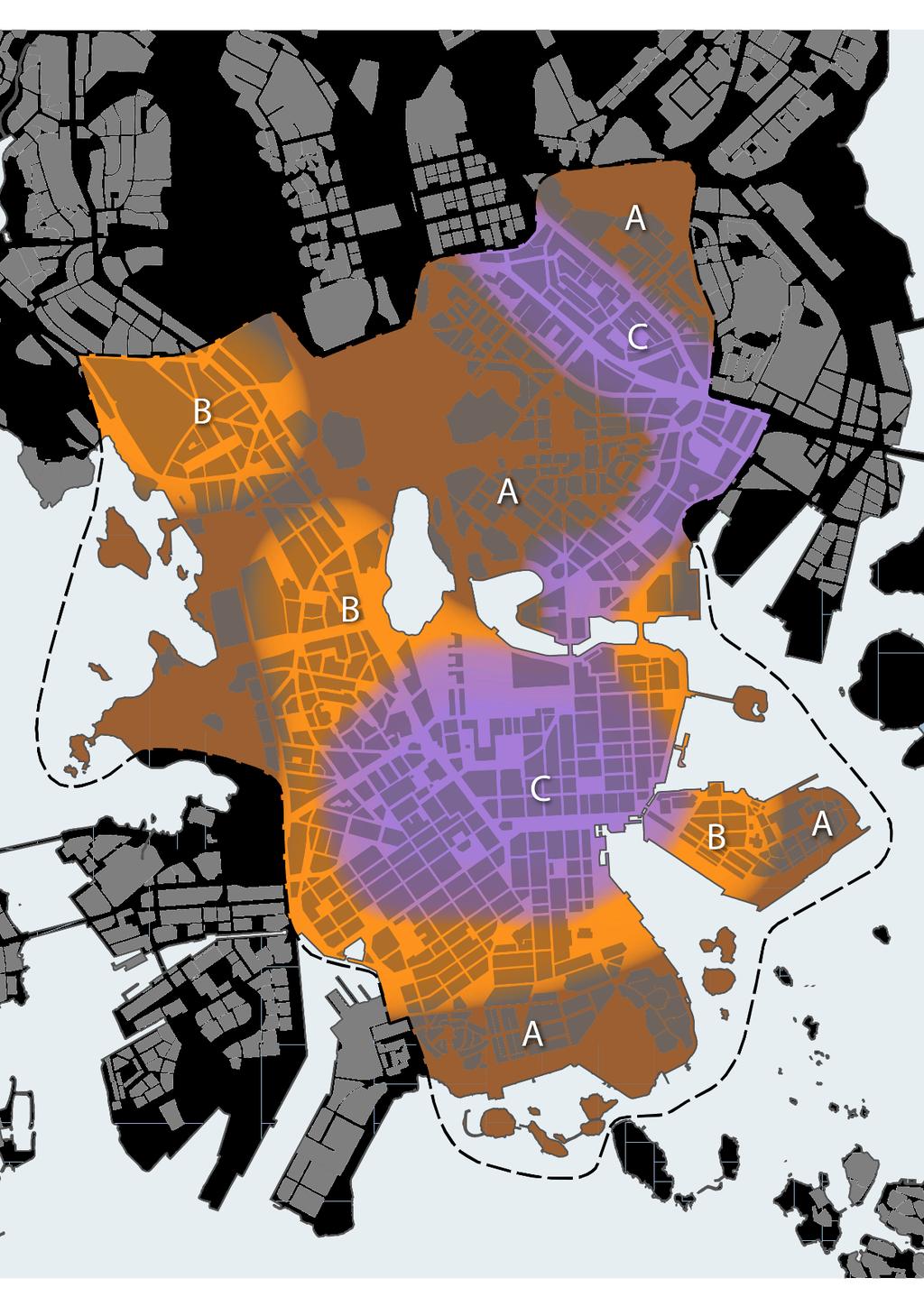 ALUEELLISET PERIAATTEET - VYÖHYKEKARTTA Käyttötarkoitusten muutosperiaatteiden vyöhykekarttaa sovelletaan kokonaisuutena esiselvityksen tuottaman materiaalin ja johtopäätösten kanssa.