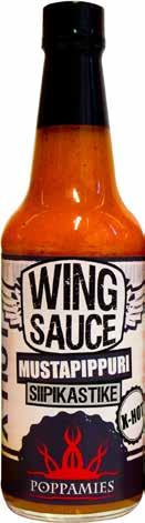 Koko: 300 ml Tulisuus: X-HOT WING SAUCE -BARBEQUE Poppamiehen Wing Sauce-sarjan WING SAUCE MAN- GO-VALKOSIPULI Poppamiehen