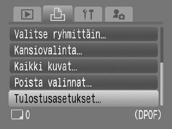 Tulostettavien kuvien valitseminen (DPOF) Voit tehdä muistikortissa oleviin kuviin (enintään 998 kuvaa) tulostusasetuksia.