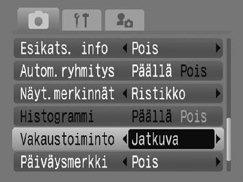 Kuvaustoimintojen muuttaminen Vakaustoiminto-asetusten muuttaminen Valitse [Vakaustoiminto] ja valitse sitten vaihtoehto painamalla qr-painikkeita. [Jatkuva]: Kuvan vakautus on aina käytössä.