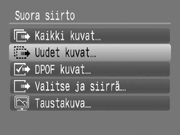 Kuvien lataaminen tietokoneeseen Kuvien latauksen käynnistäminen kamerasta Valitse [Uudet kuvat]. Valitse [Uudet kuvat] painamalla op-painikkeita tai kääntämällä Â-valintakiekkoa.