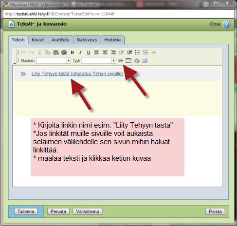 Linkitys jatkuu Teksti -välilehdelle kirjoitetaan linkin nimi