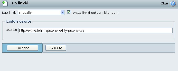 Linkitys jatkuu Luo linkki -vetovalikosta valitaan mihin linkki halutaan luoda; sivujen sisälle, muualle jne.