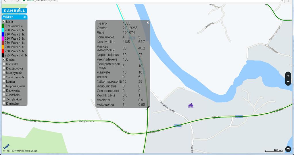 Kunkin tien kohdan ominaisuustiedot saa klikkaamalla hiirellä ko. tienkohtaa.