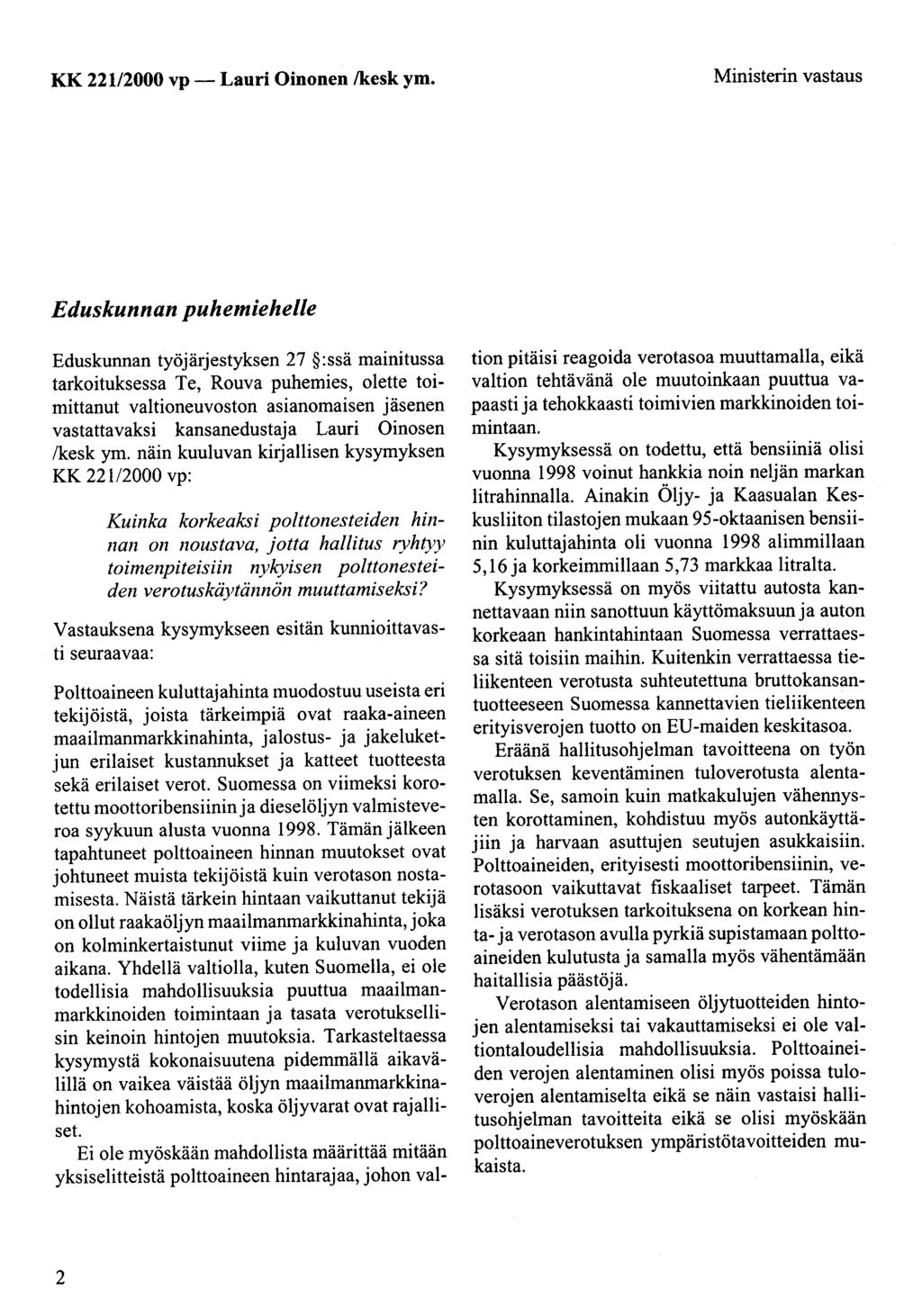 KK 22112000 vp- Lauri Oinonen /kesk ym.