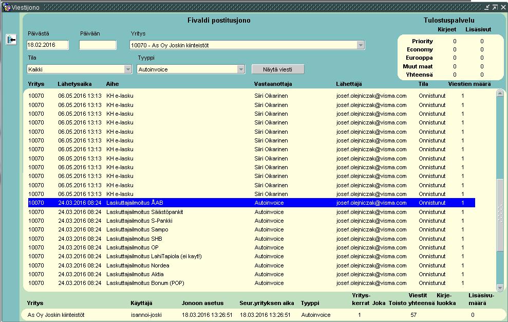 3.5.2 Laskuttajailmoituksen lähettäminen pankkiin AutoInvoice e-lasku välitystavalla luodut laskuttajailmoitukset siirtyvät automaattisesti Fivaldi - viestijonoon ja nousevat seuraavan uuteen