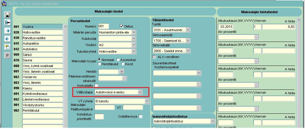 3.6 Toimet kiinteistöhallinnassa ennen AutoInvoice e-laskutuksen käyttöönottoa 3.6.1 Maksulajit Niillä normaaleilla maksulajeilla, joita halutaan käyttää e-laskulla ja suoramaksulla, tulee olla valittuna AutoInvoice e-lasku -välitystapa.