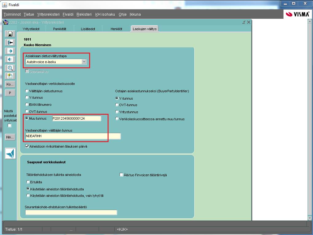 4.5 Yritysrekisteri (Tilaustenkäsittely/sopimuslaskutus) A ) Laskuttaja lähettää maksajalle laskun AutoInvoice e-lasku välitystavalla pankkiin Asiakkaan oletusvälitystapa kohdassa on se välitystapa,