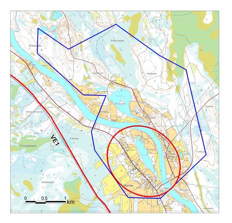 30 Kuva 14. Kairalan kylä. Punaisella on ympyröity rakennusperintökohteet ja sinisellä valtakunnallisesti arvokkaaksi luokiteltu maisema-alue.