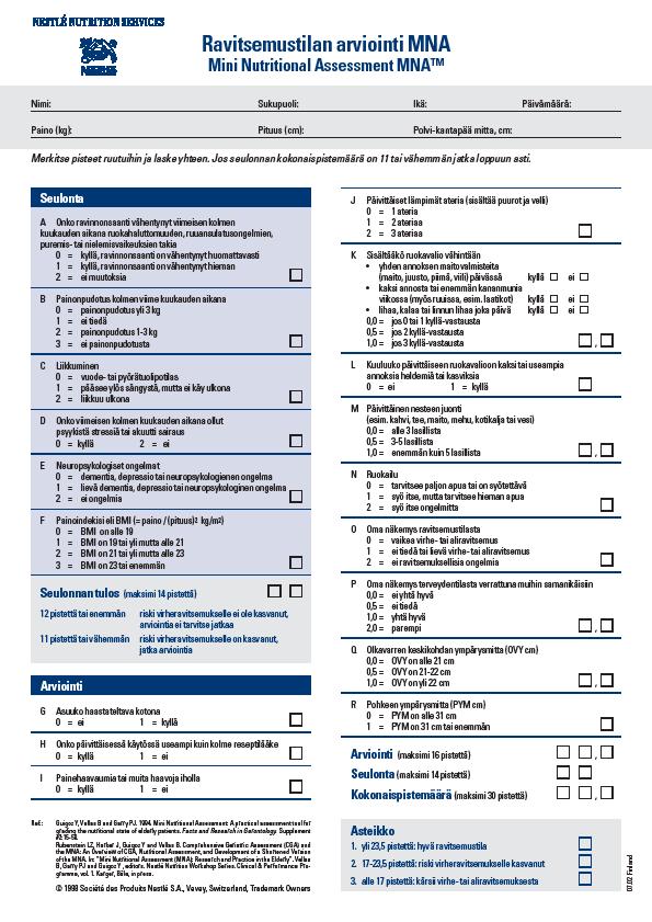 Ravitsemus ja liikuntaharjoittelun aloittaminen Huonokuntoiselta ikääntyneeltä on ennen liikuntaharjoittelun aloitusta tärkeää: - Arvioida ravitsemustila (MNA= Mini Nutritional Assessment) - Ravinnon