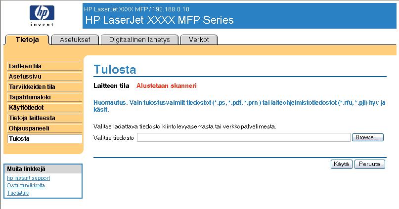 Tulosta Huomautus Tulosta-näyttö (ja vasemmalla oleva Tulosta-valikko) on käytettävissä vain, jos se on otettu käyttöön Asetukset-välilehden Tietosuoja-näytössä.