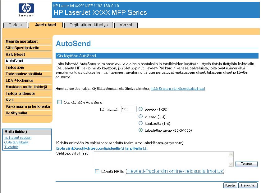 AutoSend Voit käyttää AutoSend-näyttöä tuotteen asetustietojen ja tarvikkeiden käyttötietojen lähettämiseen määräajoin valitsemiisi sähköpostikohteisiin, kuten palveluntarjoajalle.