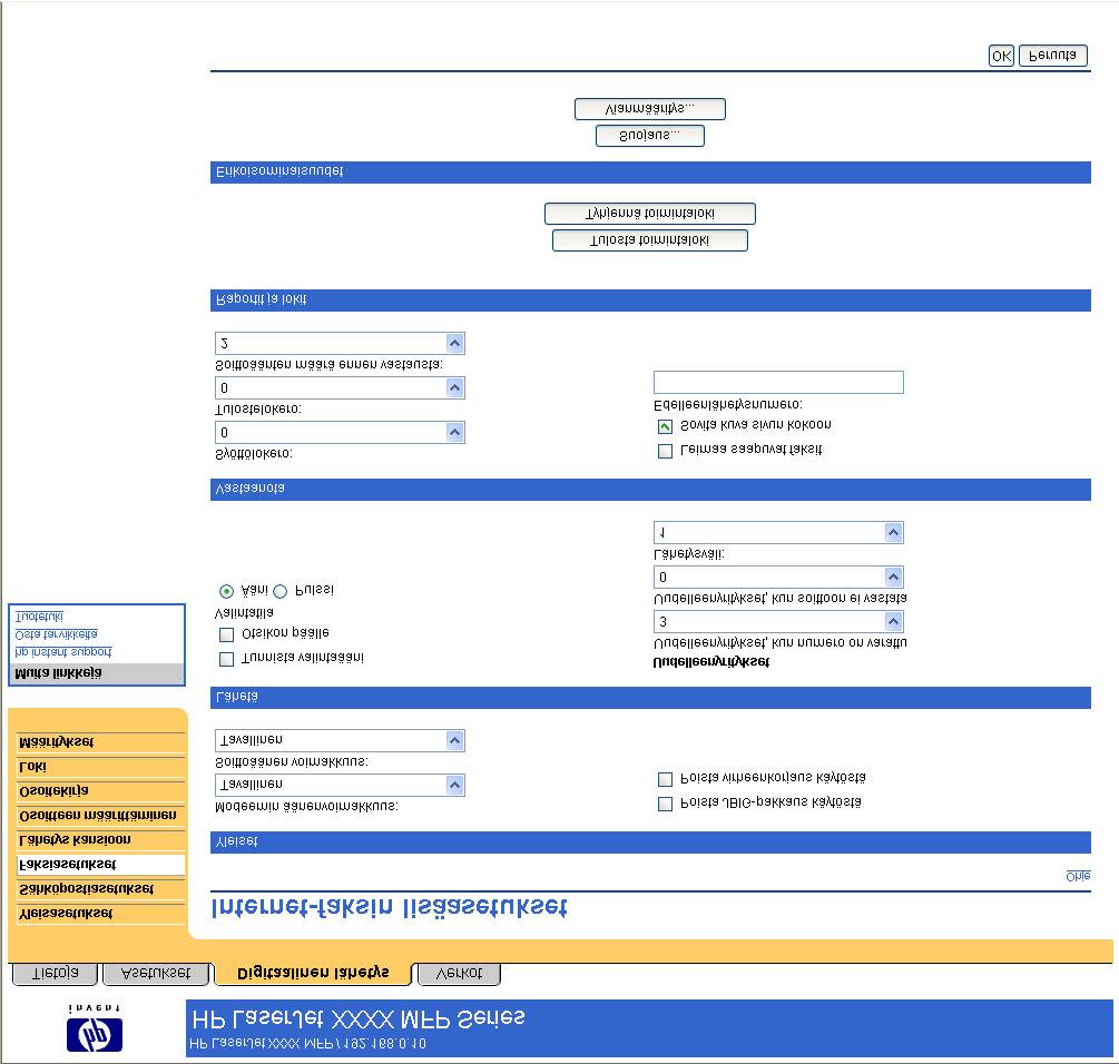 Kuva 4-5 Internet-faksin lisäasetukset -näyttö Taulukko 4-5 Internet-faksin lisäasetukset -näyttö Kuvan kohta Näytön alue Alueella olevat tiedot tai toiminnot 1 HP EWS -välilehdet ja - valikot