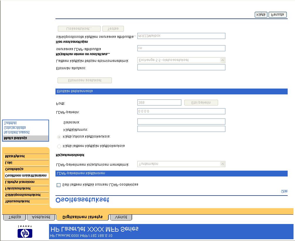 Osoitteet Huomautus LDAP-yhteyskäytäntöä käytetään lähinnä yritysten sähköpostijärjestelmissä. Jos käytät Internet-palveluntarjoajan sähköpostipalveluja, HP suosittelee Osoitekirja-toimintoa.