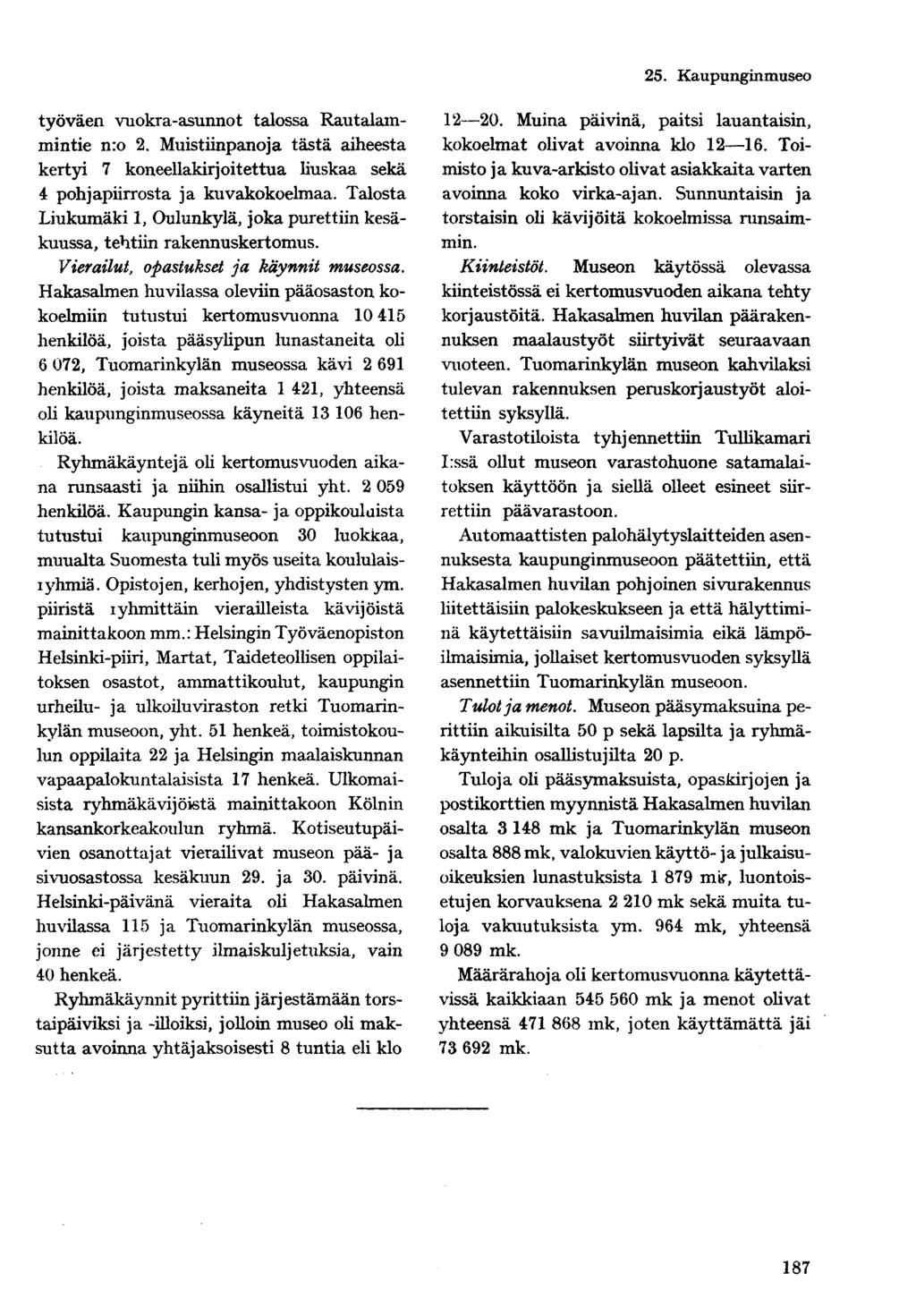 25. Kaupunginmuseo työväen vuokra-asunnot talossa Rautalammintie nro 2. Muistiinpanoja tästä aiheesta kertyi 7 koneellakirjoitettua liuskaa sekä 4 pohjapiirrosta ja kuvakokoelmaa.