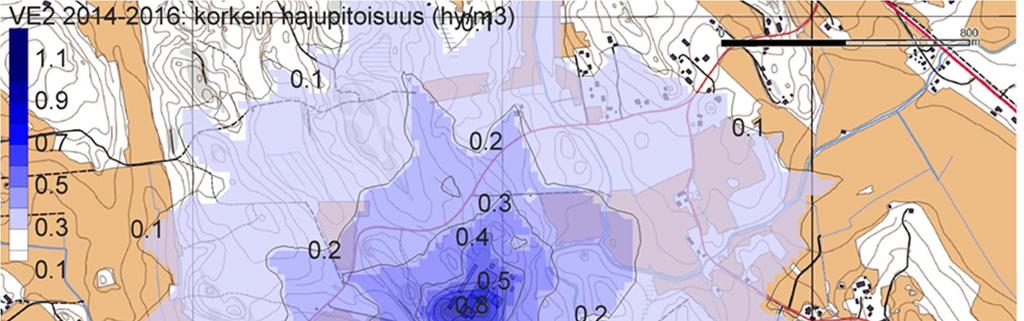 11 4.2 Vaihtoehto VE2 Vaihtoehdon VE2 osalta tunnin kestävä enimmäishajupitoisuus koko laskentajakson ajalta on esitetty kuvassa 9.