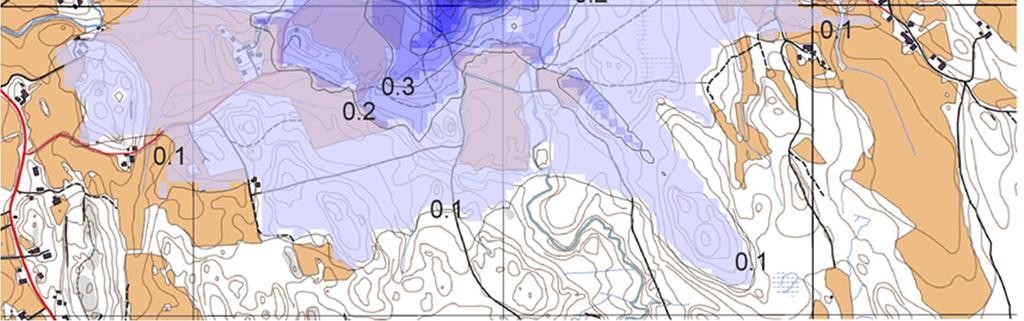 Hajupitoisuuden 1, 3 ja 5 HY/m 3 ylittäviä tuntimääriä ei ole piirretty, ne jäävät koko alueella alle 0,5 prosentin vuoden tunneista.