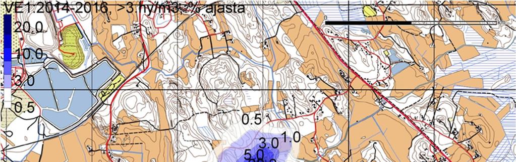 Kuva 10: VE3, hajupitoisuuden 1 HY ylittävien tuntien määrä