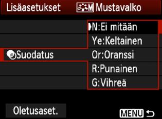 A Kuvaominaisuusien muauttaminenn V Mustavaloasetus Mustavalo-asetusessa voit määrittää myös [Suodatus]- ja [Sävytystehoste]-parametrit edellisen sivun [Terävyys]- ja [Kontrasti]- parametrien lisäsi.