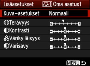 A Ensisijaisten uvaominaisuusien tallentaminenn Voit valita uva-asetuset-perusasetusen, uten [Muotouva] tai [Maisema], säätää sen parametreja ja tallentaa sen [Oma asetus1]-, [Oma asetus2]- tai [Oma