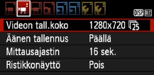 3 Valiotoimintojen asetuset [x]-välilehti Videon tallennusoo Video tallennetaan oossa [1280x720] teräväpiirtolaatuisena.