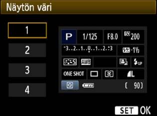 Valitse [6]-välilehdessä [LCD pois/ pääll] ja paina sitten <0>-painietta. Käytettävissä olevat asetuset on uvattu alla.