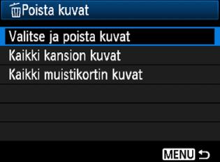 L Kuvien poistaminen 2 3 4 Valitse [Valitse ja poista uvat]. Valitse [Valitse ja poista uvat] ja paina sitten <0>-painietta. Kuvat suurennetaan.