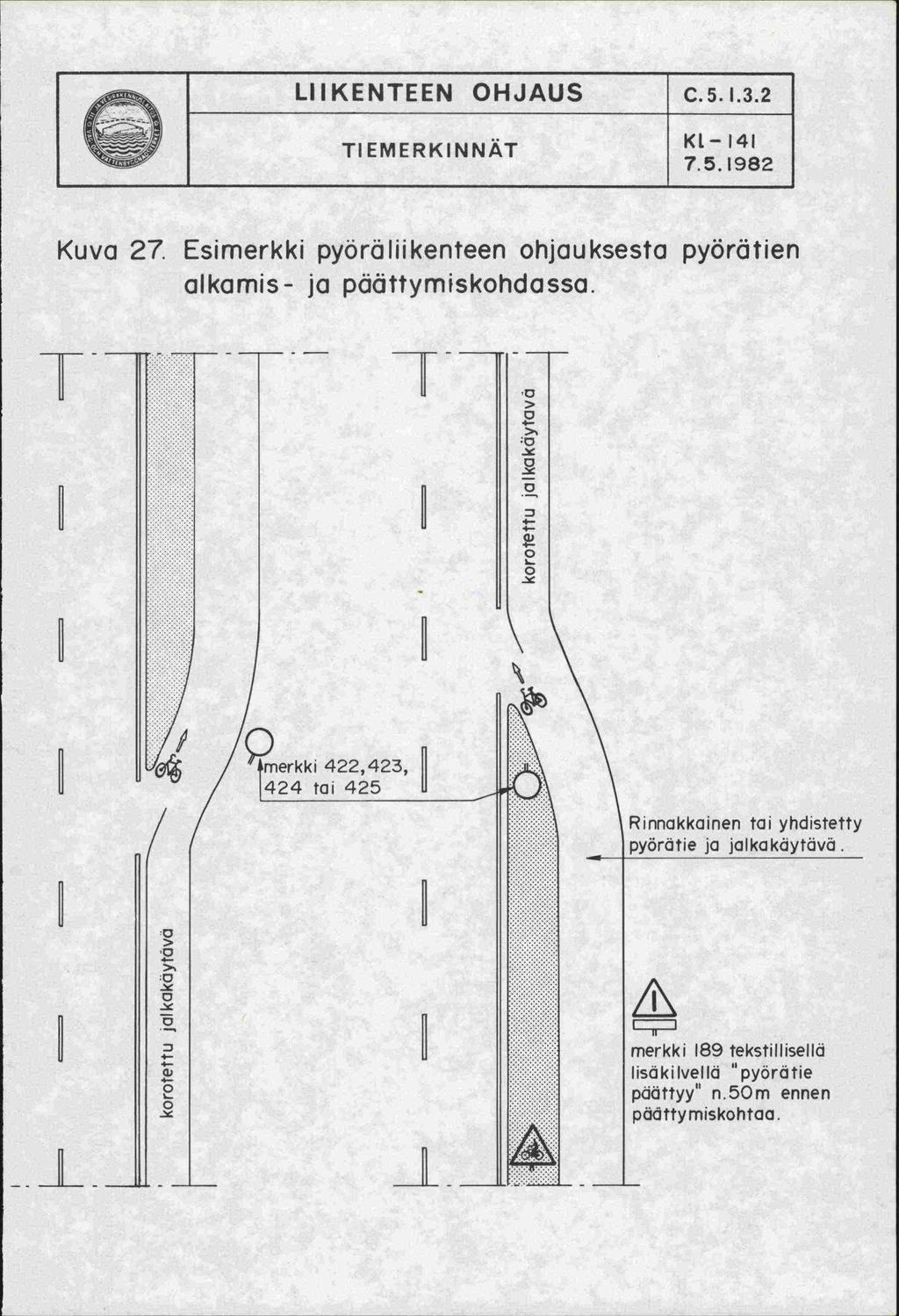 LIIKENTEEN OHJAUS C.5.I.3.2 TIEMERKINNÄT Kuva 27. Esimerkki pyöräliikenteen ohjauksesta pyörätien alkamis- ja päättymiskohdassa.