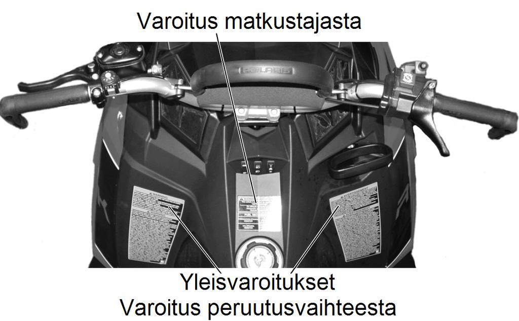 URVALLISUUS Varoitustarrat ja niiden sijainti Varoitustarra 5, ohjaamon etupaneelissa NO PASSENGER ämä ajoneuvo on tarkoitettu vain yhden henkilön käytettäväksi.