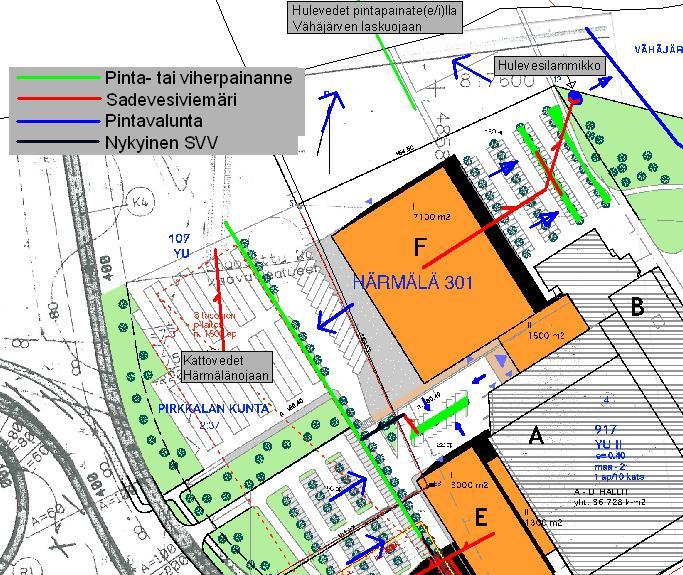 12(14) F hallin koillispuolella sijaitsevan pysäköintialueen hulevedet johdetaan pintavaluntana pysäköintialuetta halkoviin viherpainanteisiin, koska muuten vesien pintavirtausmatka kasvaa liian