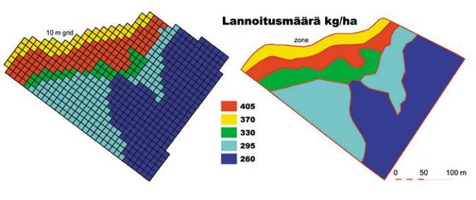 21 paa voidaan myös yhdistää. Peltolohkolla työkone annostelee tuotantopanoksia eri määrän kullekin kasvupaikalle, eli niin sanotulle vyöhykkeelle.