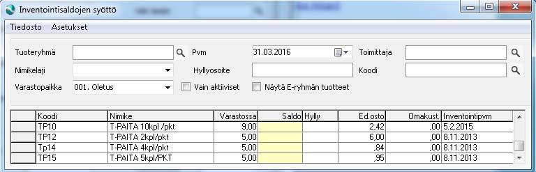 Inventointisaldojen syöttö -ikkuna. 3.1.3.1 Rajaukset Voit rajata listassa näkyvät tuotteet valitsemaasi tuoteryhmään, nimikelajiin ja/tai toimittajaan.