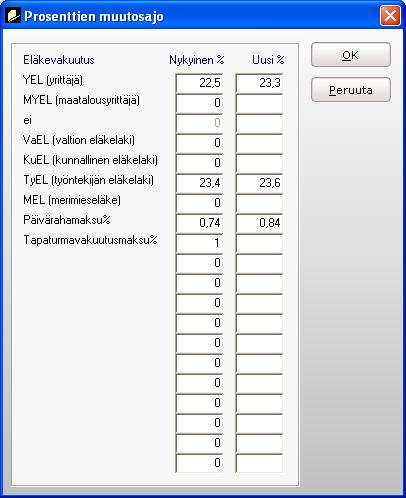 9.3.2 Henkilötietoihin päivitettävät prosentit Määritä palkansaajille henkilötietoihin Näytä Henkilötiedot (F5) eläkevakuutuksen kokonaisprosentti (työnantajan osuus + työntekijän osuus)