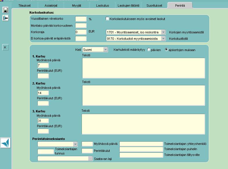 Perinnän yleiset tiedot kannattaa tallentaa ja antaa 1, 2 ja 3 karhuille päivät valmiiksi: Tilaustenkäsittely-käsikirja, Myynnin perustiedot -käsikirja ja Korkolaskutus-käsikirja löytyvät Visma