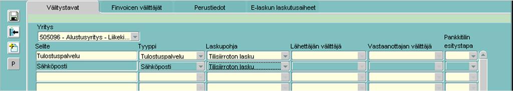 7 Laskujen välitys Sovellusikkunan Myynti-välilehdellä Laskujen välityksen ylävalikossa Laskujen välitys Perustiedot määritellään laskujen välitykseen liittyvät asetukset.