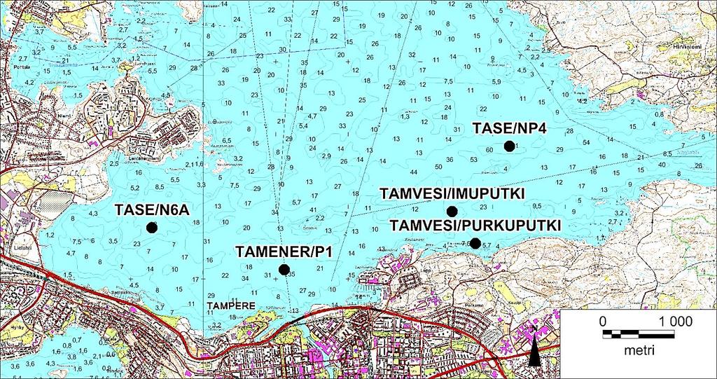 19 Kuva 7.1. Näsijärven eteläosassa sijaitsevat tarkkailuasemat, joista TASE/NP4 ja TASE/NP6A kuuluvat yhteistarkkailuun ja TAMENER/P1 on Tampereen Sähkölaitoksen tarkkailuasema (talvet 216-218).