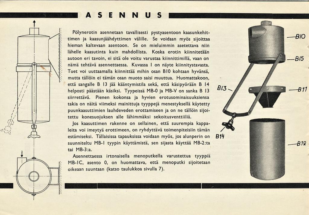 ASENNUS Pölynerotin asennetaan tavallisesti pystyasentoon kaasunkehittimen ja kaasunjäähdyttimen välille. Se voidaan myös sijoittaa hieman kaltevaan asentoon.