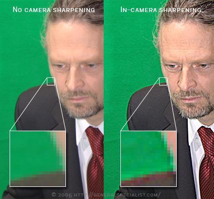 avainnuksessa. Tämä on paras tapa todeta nopeasti, toimiiko chromakey-efekti oikein. (Schenk & Long 2015.) Yksi helposti huomaamatta jäävä asetus on kameran automaattinen kuvan terävöitys (engl.