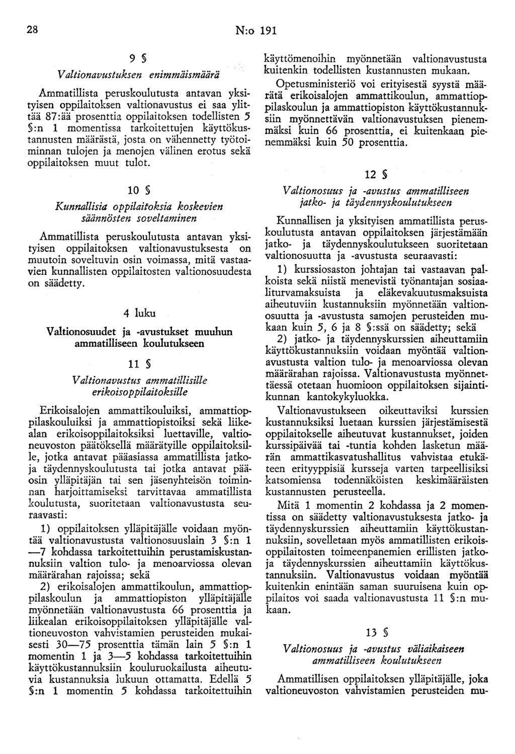 28 N:o 191 9 Valtionavustuksen enimmäismäärä Ammatillista peruskoulutusta antavan yksityisen oppilaitoksen valtionavustus ei saa ylittää 87 :ää prosenttia oppilaitoksen todellisten 5 :n 1 momentissa