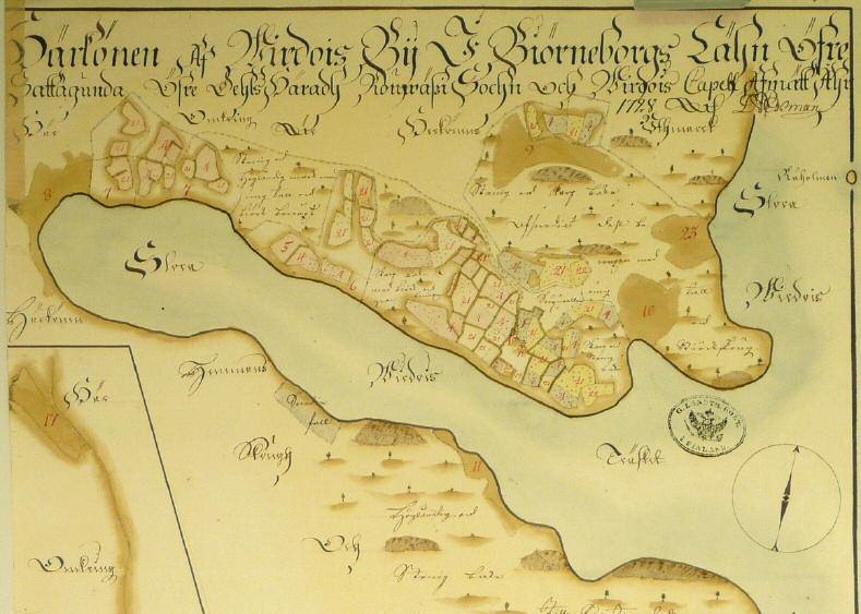 33 Virtainkylä Härkönen Härköskylässä 1728 kartalla kaksi taloa ryhmäkylänä.