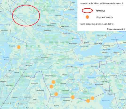 12 Kuva 2-4. Hankealuetta lähimmät liito-oravahavainnot. Liito-oravan esiintymistä selvitettiin suunnitellun tuulipuiston alueella ns. papanakartoitusmenetelmän avulla 3.6.2012.