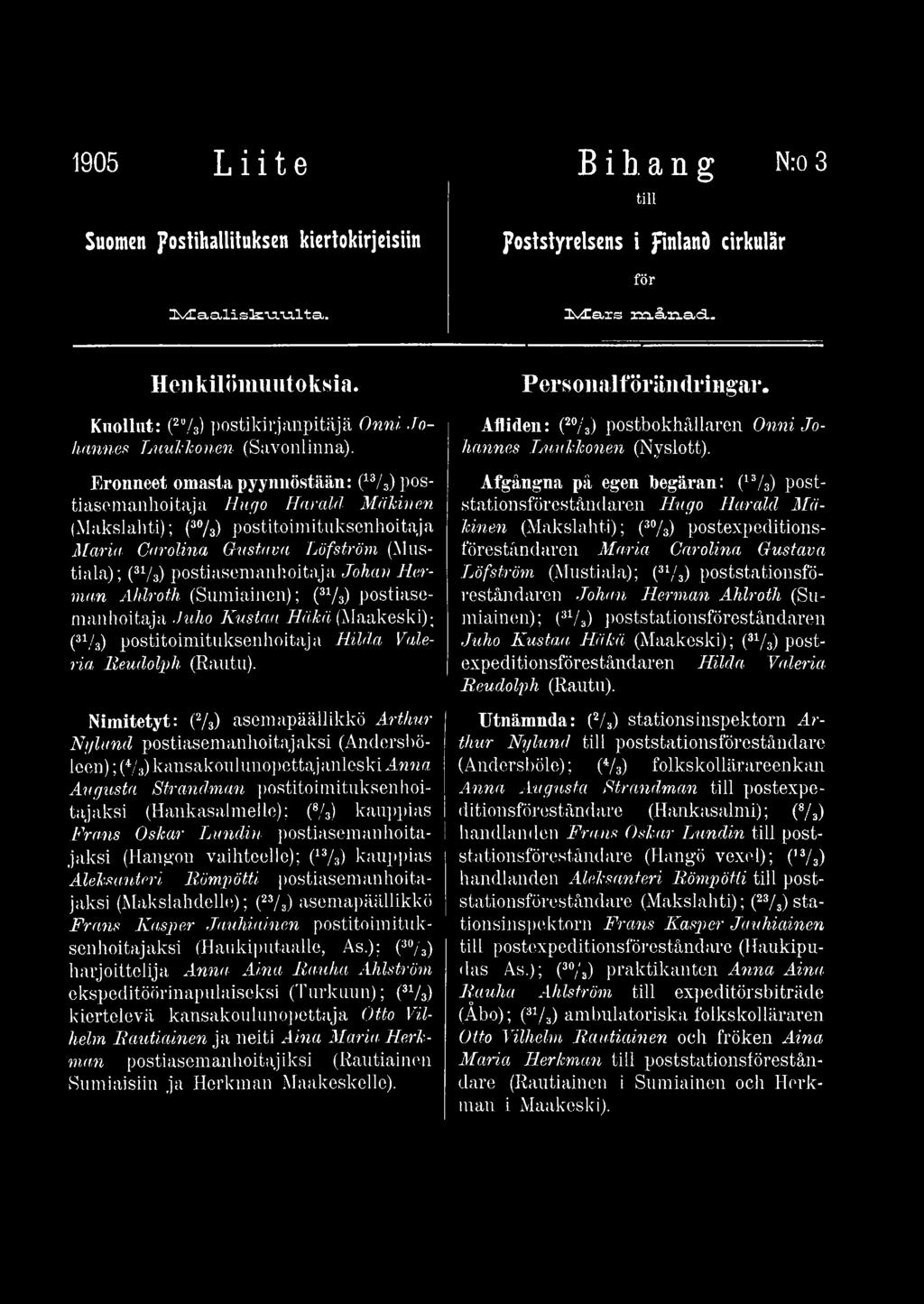 Nimitetyt: (2/3) asemapäällikkö Arthur Nyland postiasemanhoitajaksi (Andersböleen); (*/3) kansakoulunopettajanleski Anna Augusta Strandman postitoimituksenhoitajaksi (Hankasalmelle); (8/3) kauppias