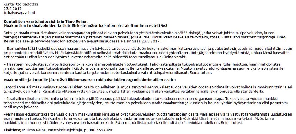 Tukipalveluiden tuottaminen Kuntaliiton tiedote