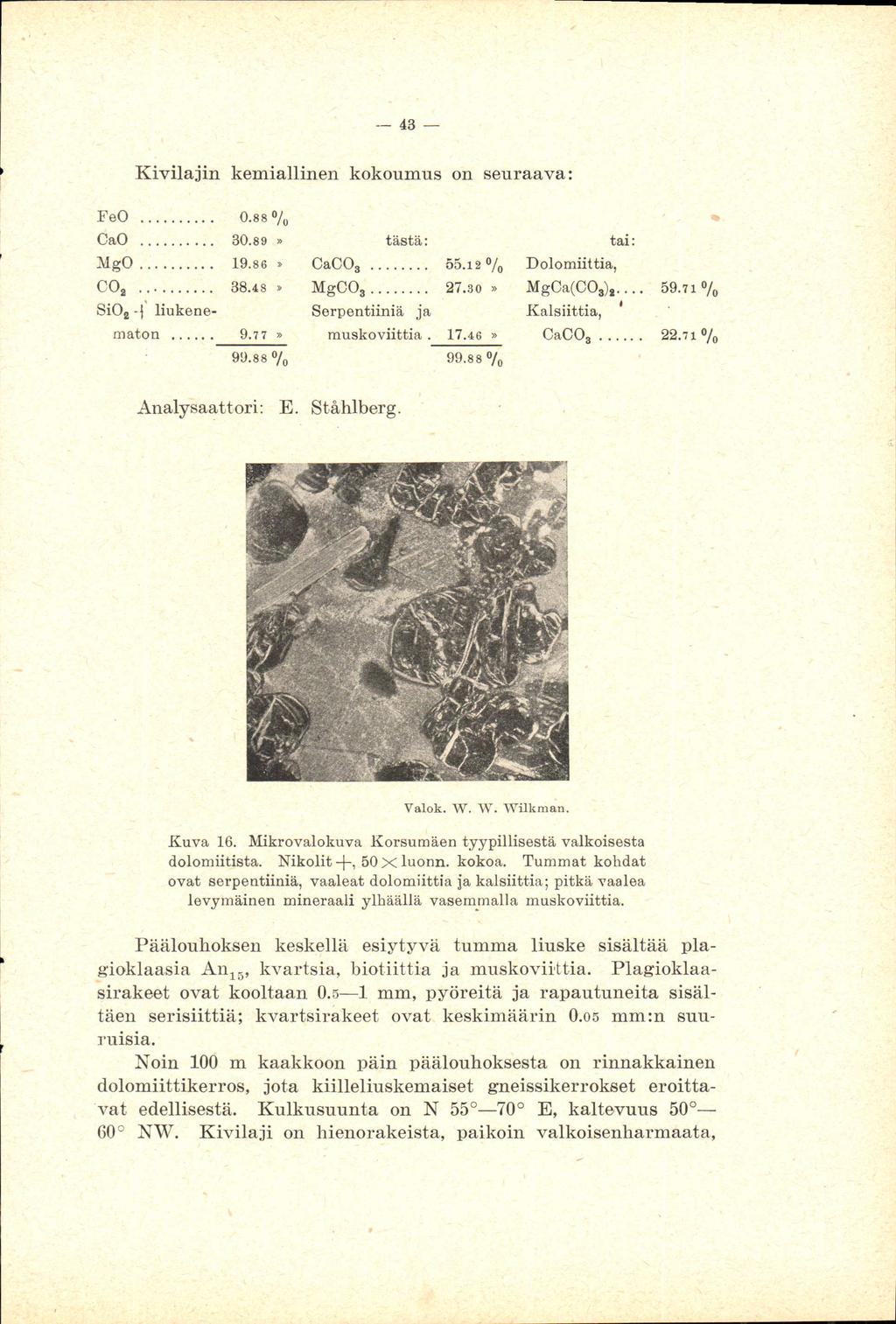 ~ 43 43 Kivilajin kemiallinen kokoumus on seuraava: FeO... 0.88% O.eso/u OaO CaO...,... " '" 30.89 30.es,» tästä: tai: MgO... 19.86 19.s0» " OaOOs CaCO,. 55.12 55.t2 % olo Dolomiittia, 00 CO, 2.. 38.