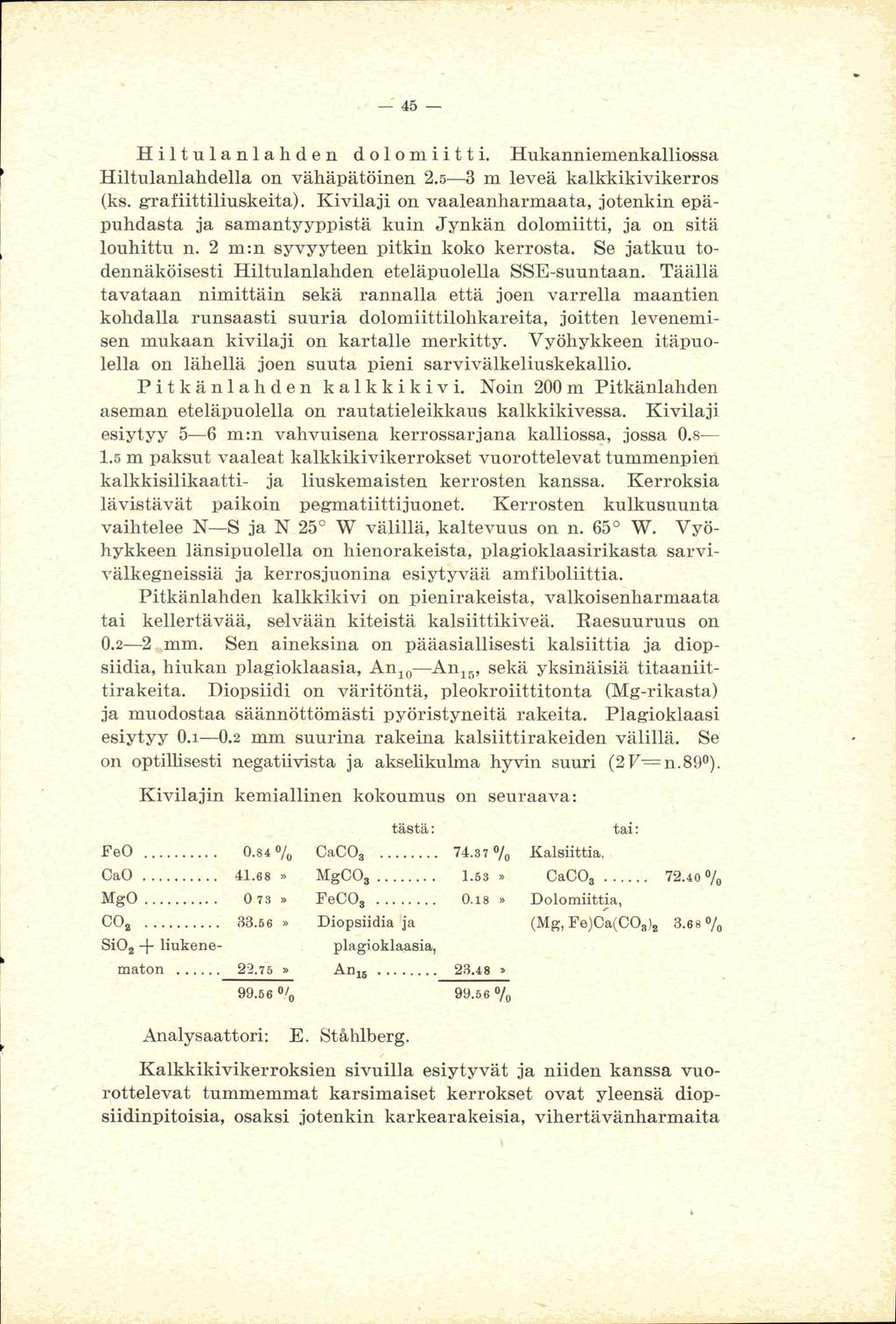 Hiltulanlahdella oil väh8mtöinen 2.54 m leveä kdkkikivikerros ' (Es. grafiittiliu&*). Kivilaji on vaa1aanh~rmrata, jotenkin epäpuhdasta ja saman tyyppi^& kuin Jynkän dolomiitti, ja on sita louhitku n.